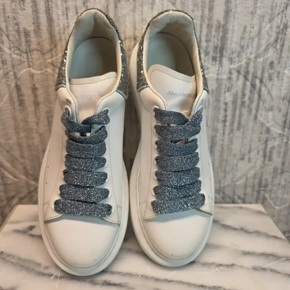 Alexander Mcqueen White Leather Sneaker Blue Galaxy Glitter Larry Women's Sz 7
